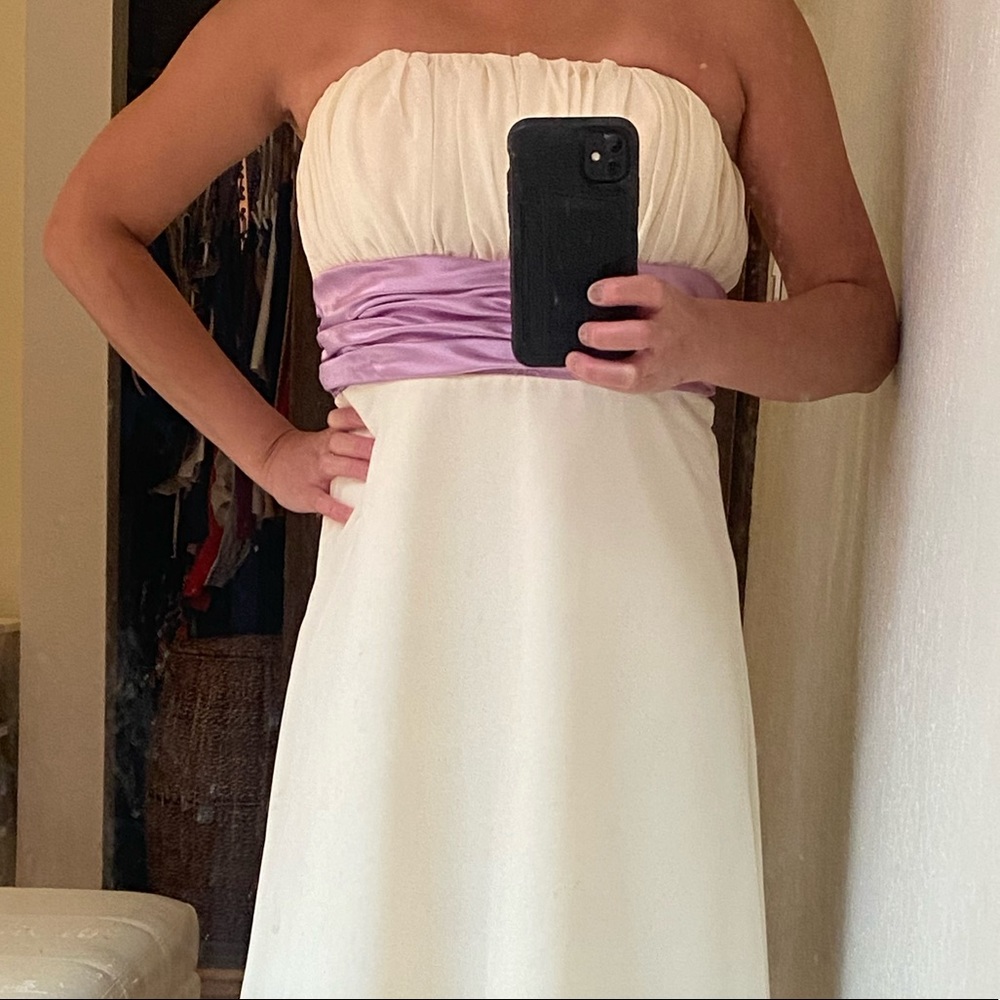 Bridesmaid strapless dress white purple waist